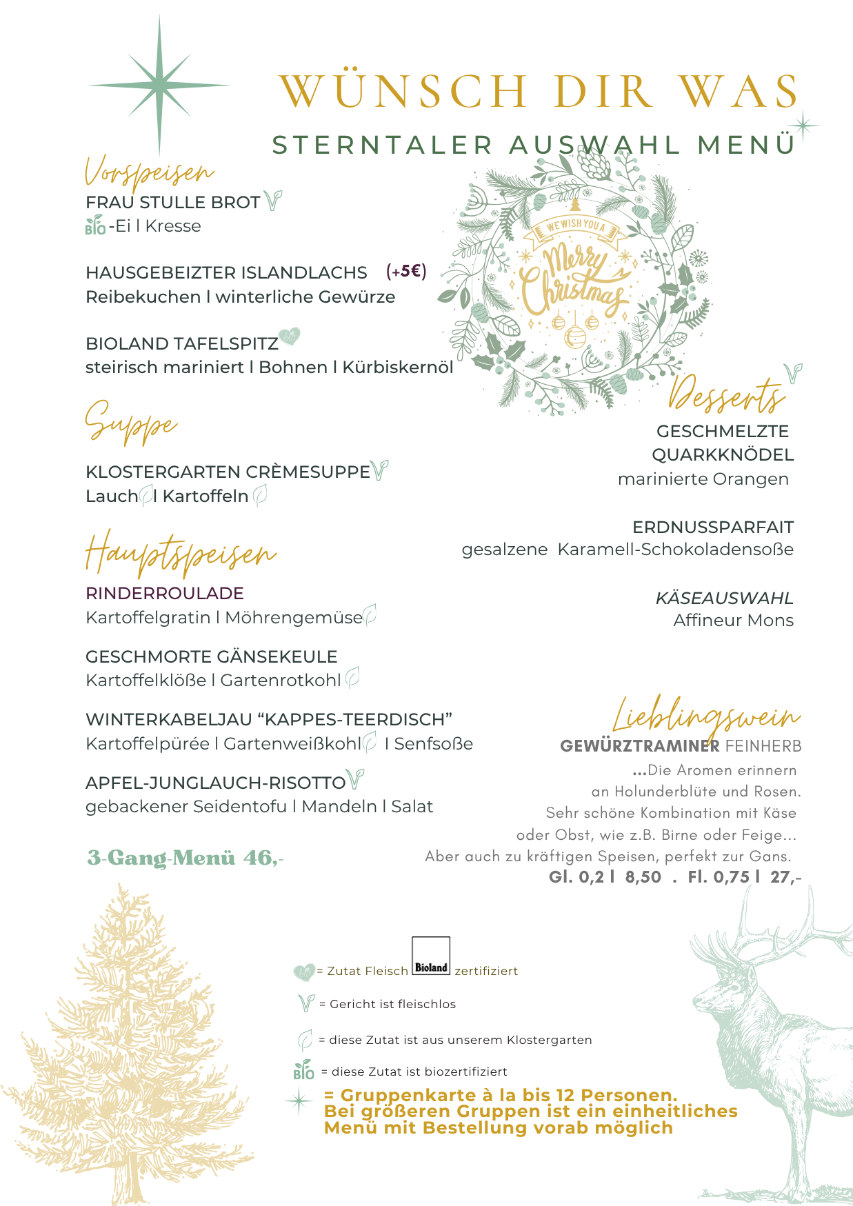 Winter Saisonempfehlung / Gruppenkarte / Menüvorschlag für Ihre Weihnachtsfeier ab 12. November (bis 4. Januar)